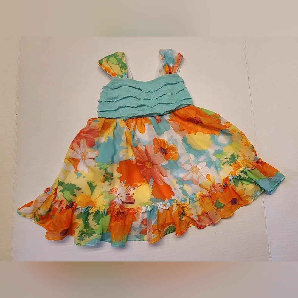 Youngland Floral Dress with Ruffled Straps - Orange, Yellow, Blue